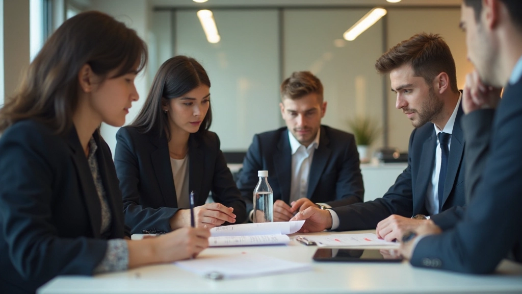 Команда бухгалтеров обсуждает финансовую стратегию компании на совещании